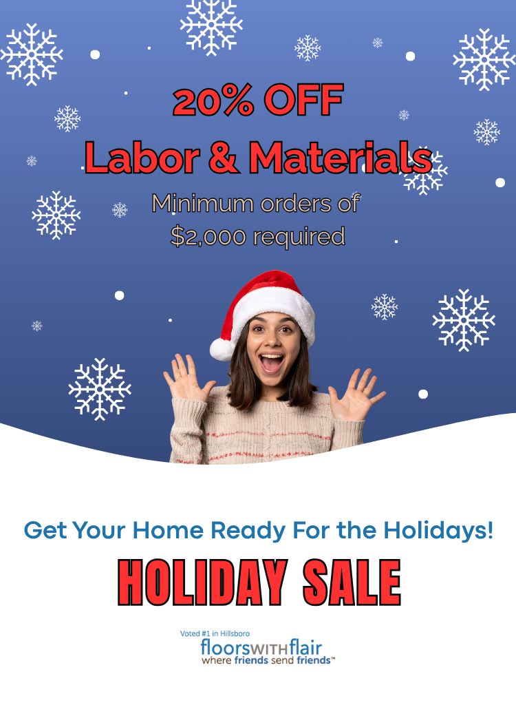 Living room image with fireplace with October Sale details of 20% off labor and materials on orders of $2,000+