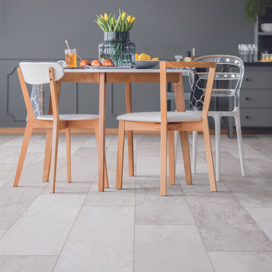 Stone look tile flooring in Hillsboro dining space.