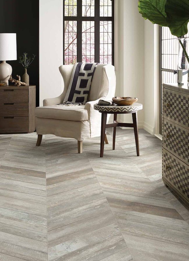 wood look tile flooring in an elegant living room