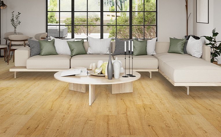 warm toned hardwood flooring in living room